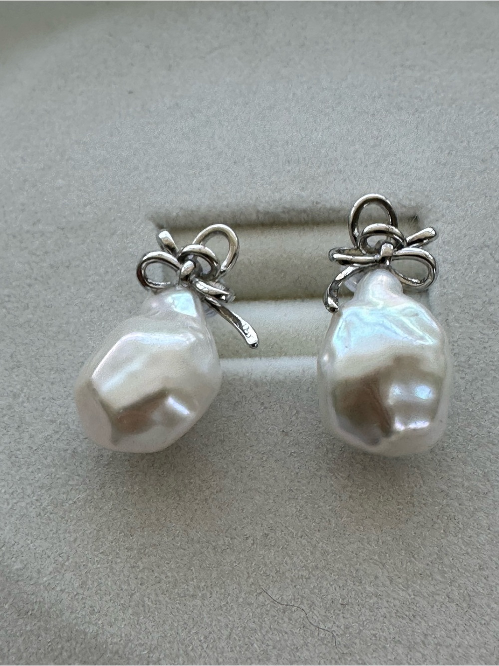 Silver Bow Baroque Freshwater Pearl Drop Earrings - White Pearlescent